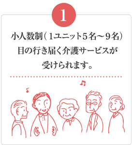 小人数制（1ユニット5名～9名）目の行き届く介護サービスが受けられます。