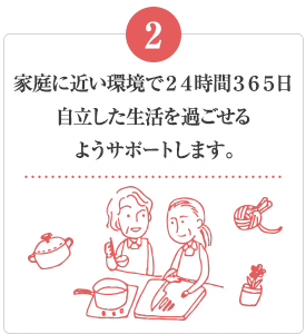 家庭に近い環境で24時間365日自立した生活を過ごせるようサポートします。